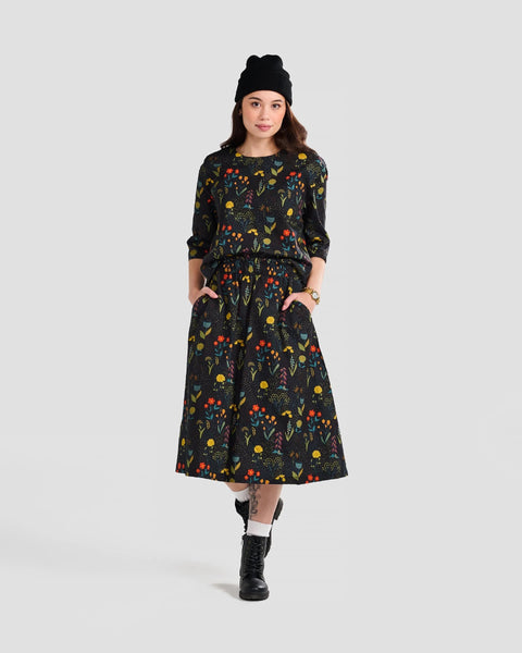 Rainy Field Black Print Midi Pocket Skirt