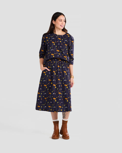 Earthy Mushrooms Print Midi Pocket Skirt
