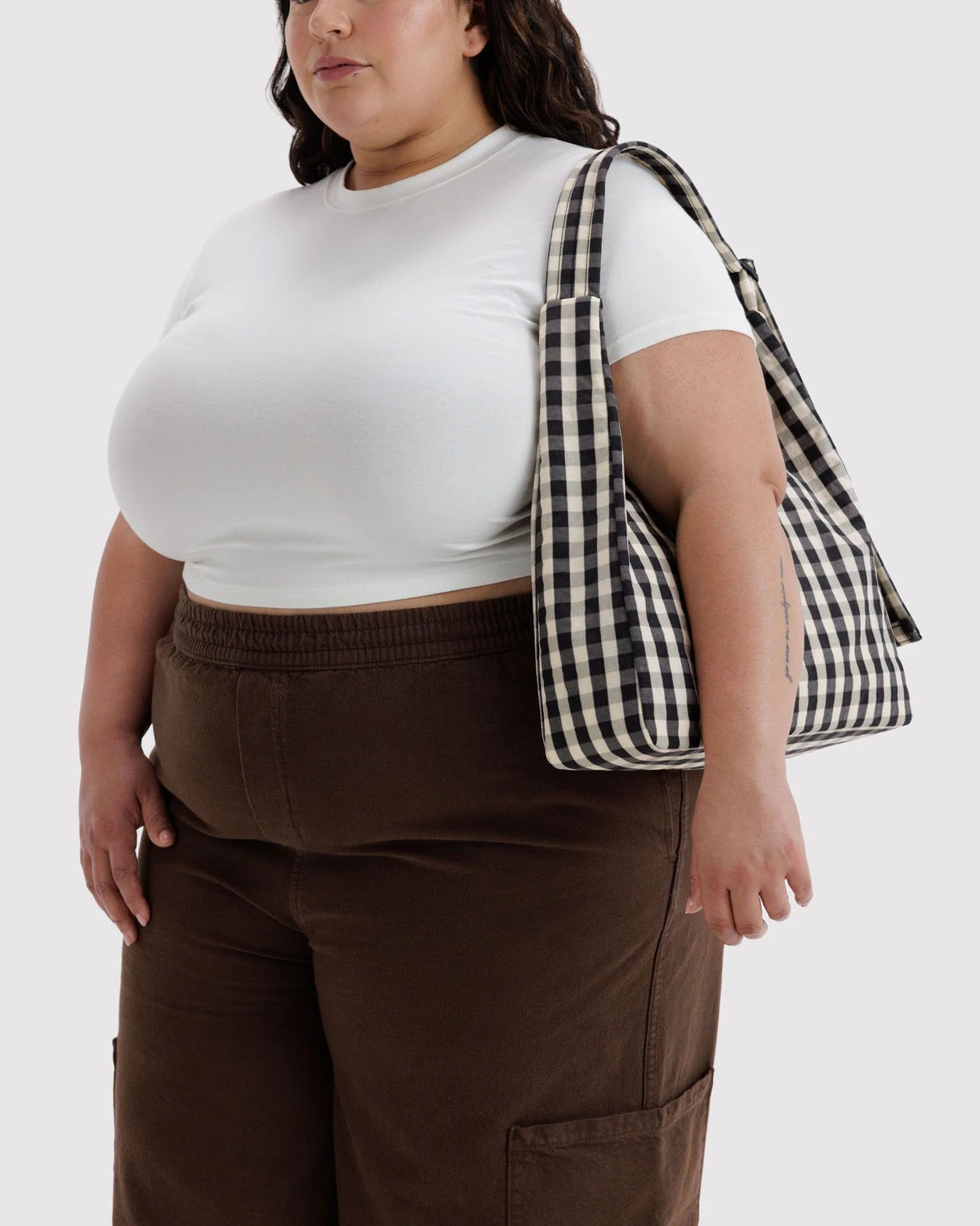 Nylon Shoulder Bag - Black & Cream Gingham