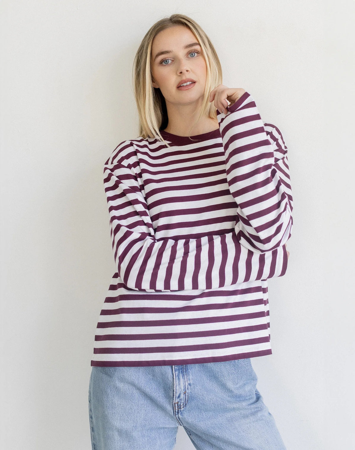 Long Sleeve Boxy Tee - Plum/Off White
