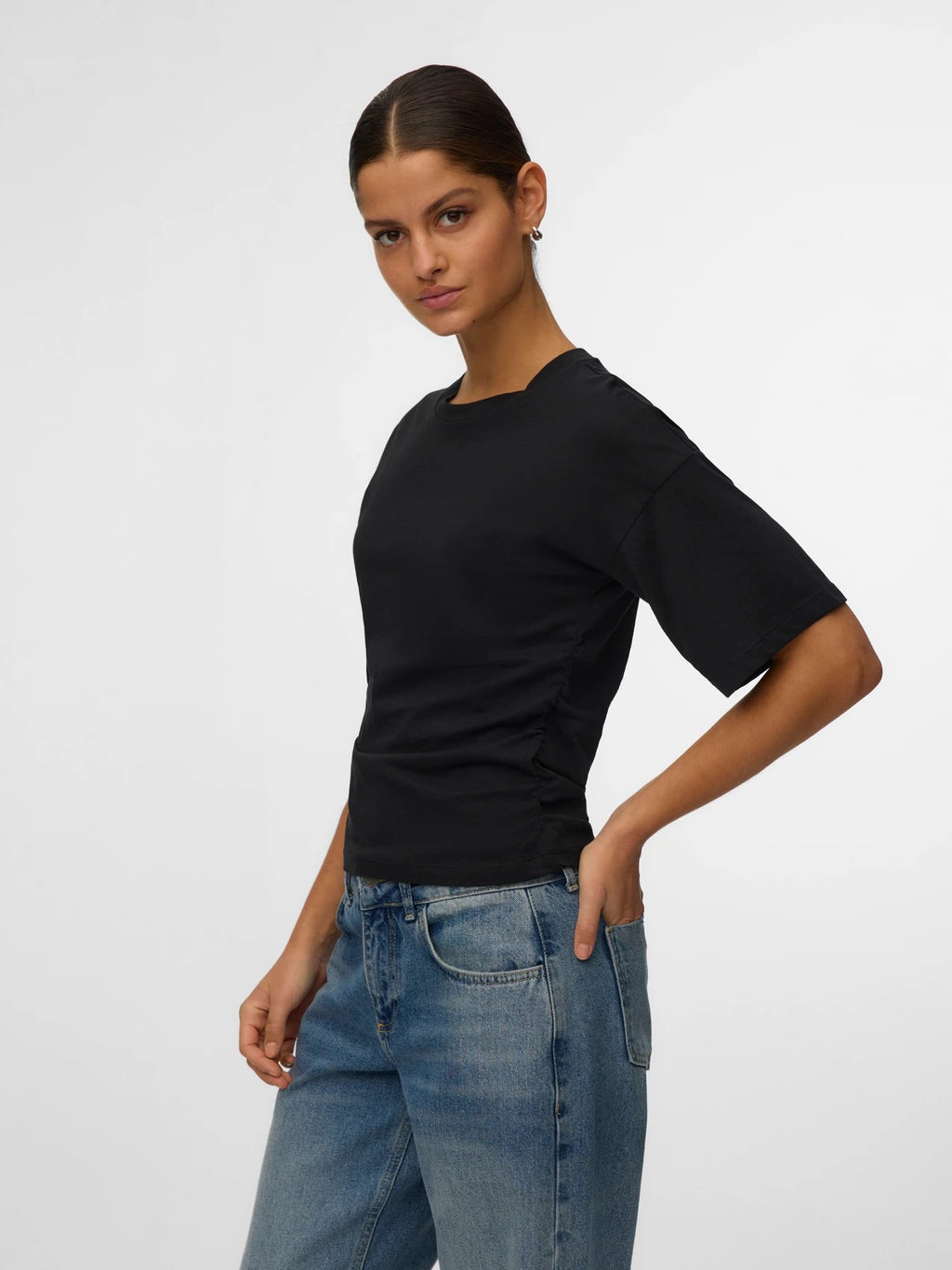 Mia Short Sleeve Rouching Tee -  Black