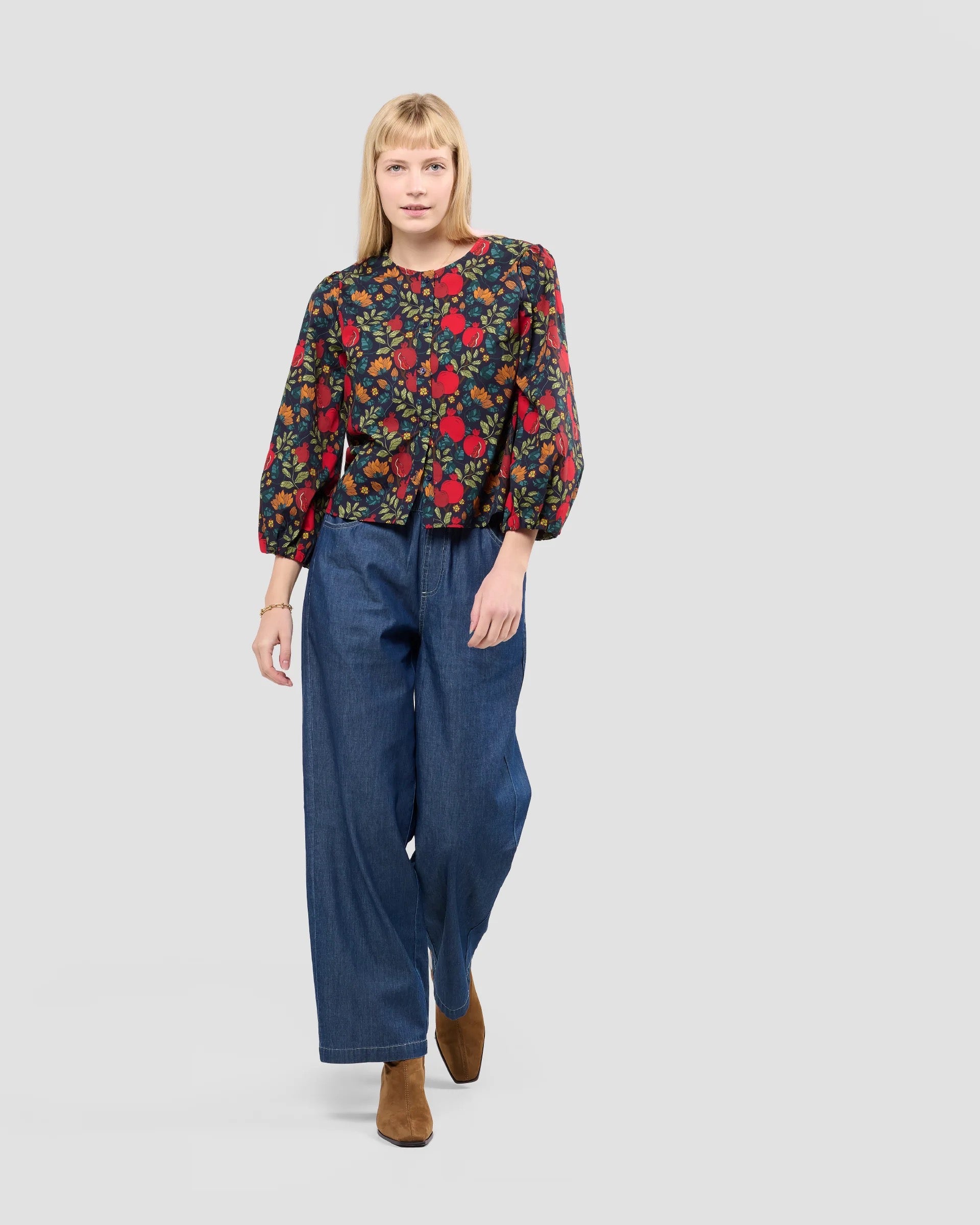 Puff Sleeve Blouse With Hand-Drawn Pomegranate Print