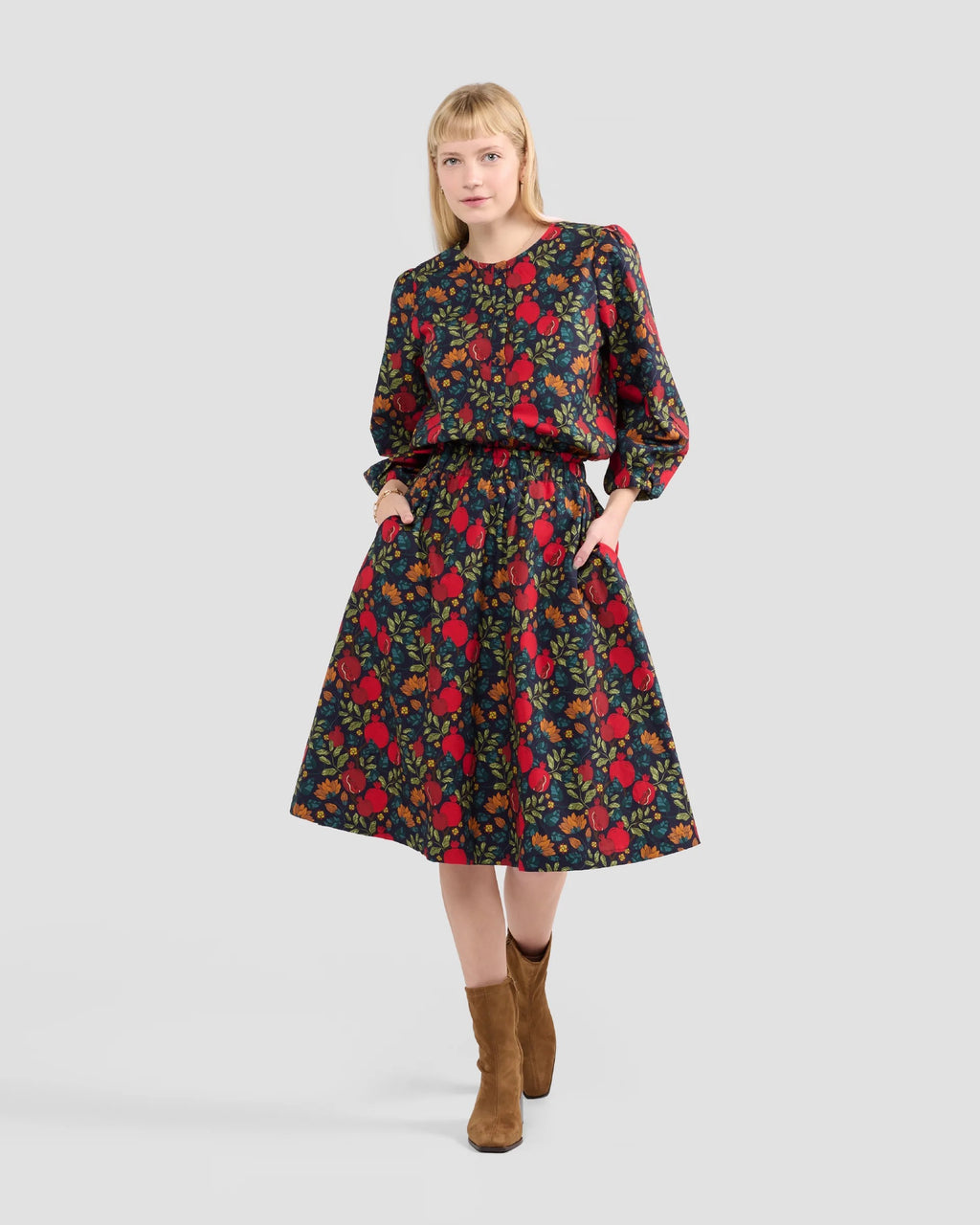 Puff Sleeve Blouse With Hand-Drawn Pomegranate Print