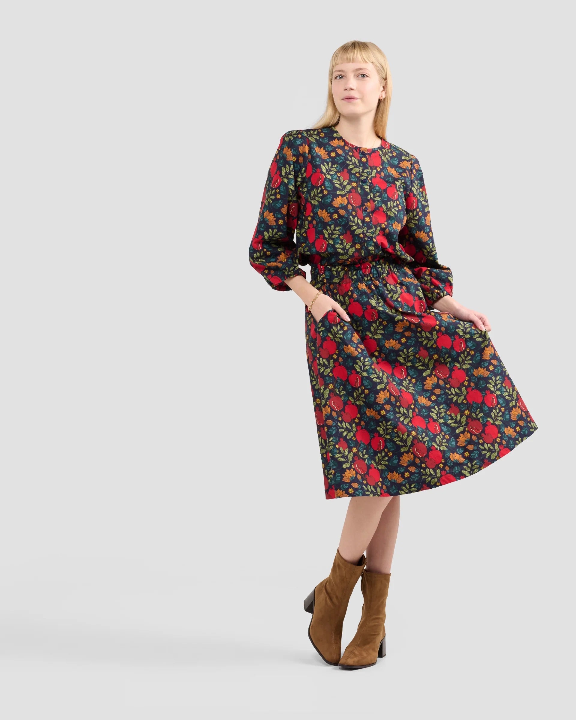 Puff Sleeve Blouse With Hand-Drawn Pomegranate Print