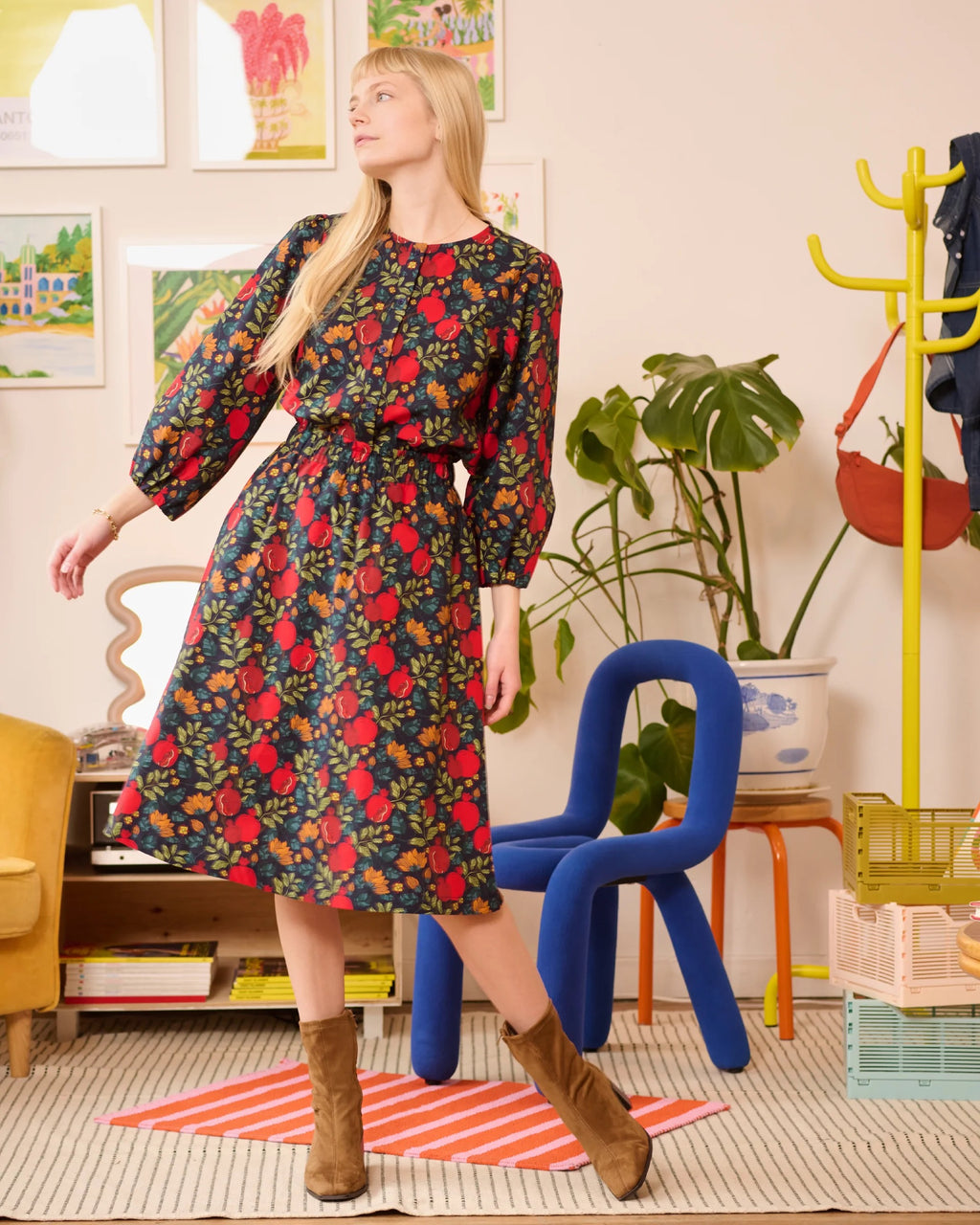 Puff Sleeve Blouse With Hand-Drawn Pomegranate Print