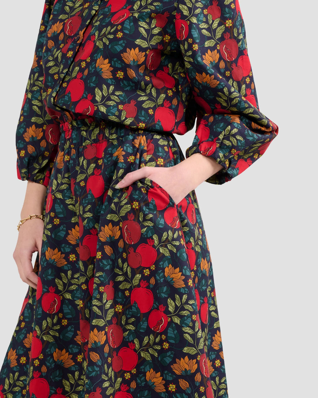 Puff Sleeve Blouse With Hand-Drawn Pomegranate Print