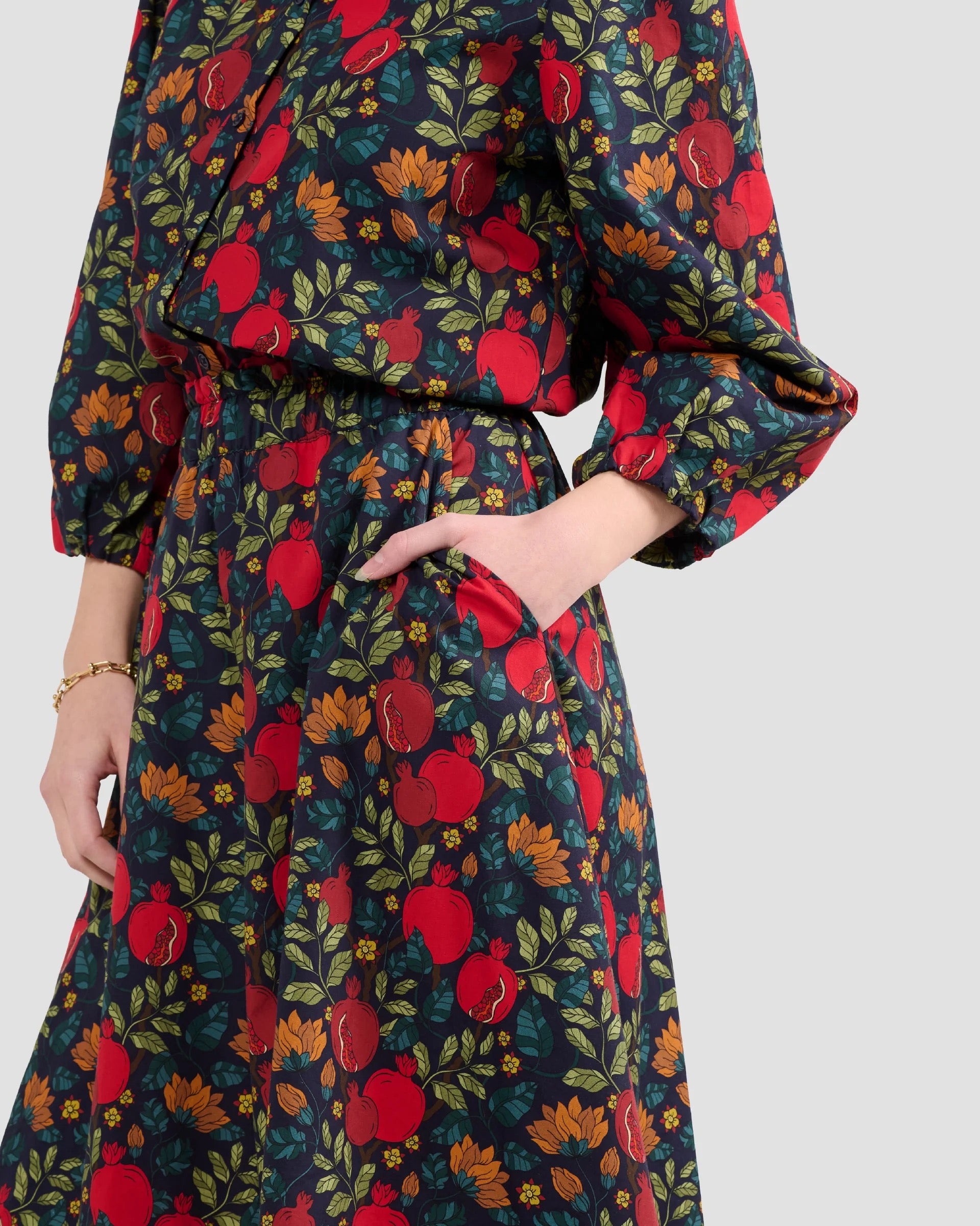 Puff Sleeve Blouse With Hand-Drawn Pomegranate Print