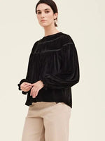 Lace Trim Mixed Velvet Shirt - Black