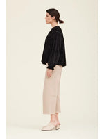Lace Trim Mixed Velvet Shirt - Black