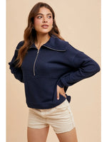 Exaggerated Lapel Quarter Zip Pullover - Navy