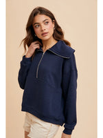 Exaggerated Lapel Quarter Zip Pullover - Navy