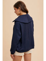 Exaggerated Lapel Quarter Zip Pullover - Navy