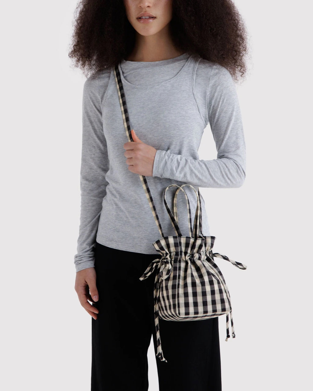 Nylon Drawstring Bag - Black & Cream Gingham