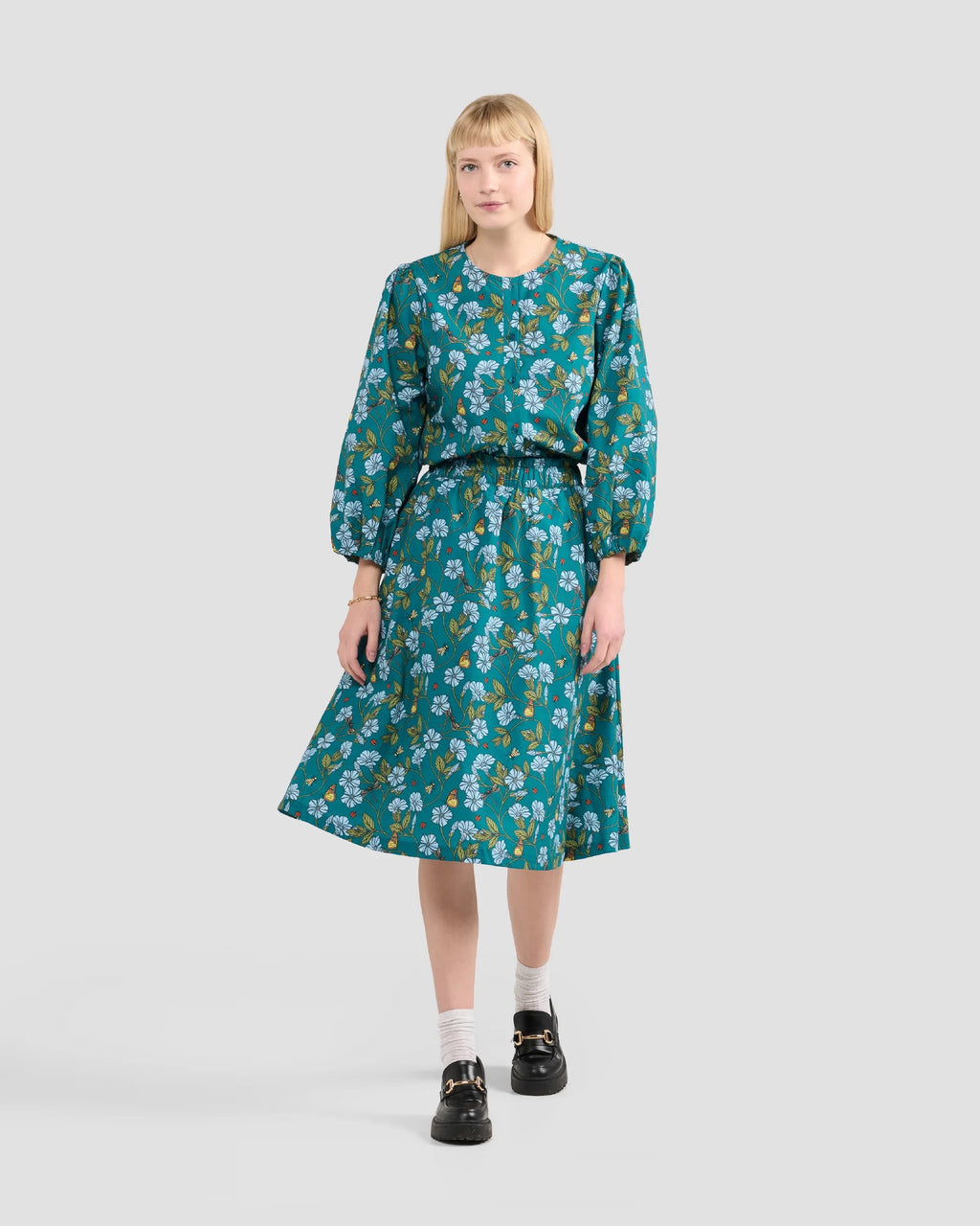 Puff Sleeve Blouse With Hand-Drawn Flora In Flight Print