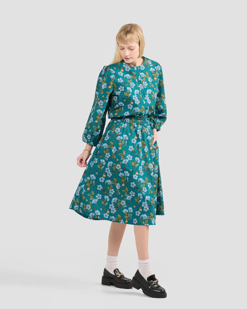 Puff Sleeve Blouse With Hand-Drawn Flora In Flight Print