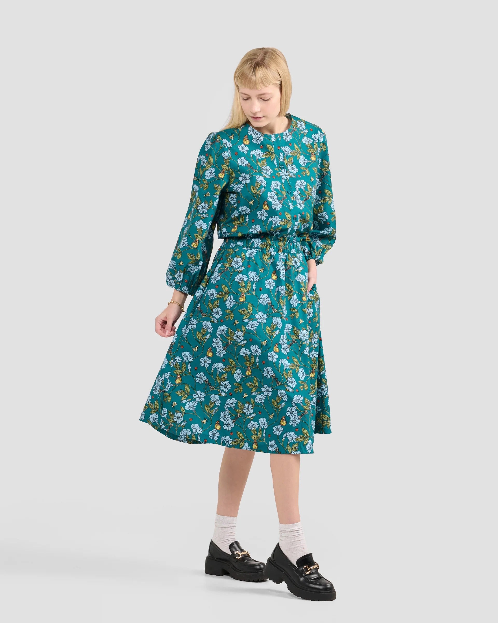 Puff Sleeve Blouse With Hand-Drawn Flora In Flight Print