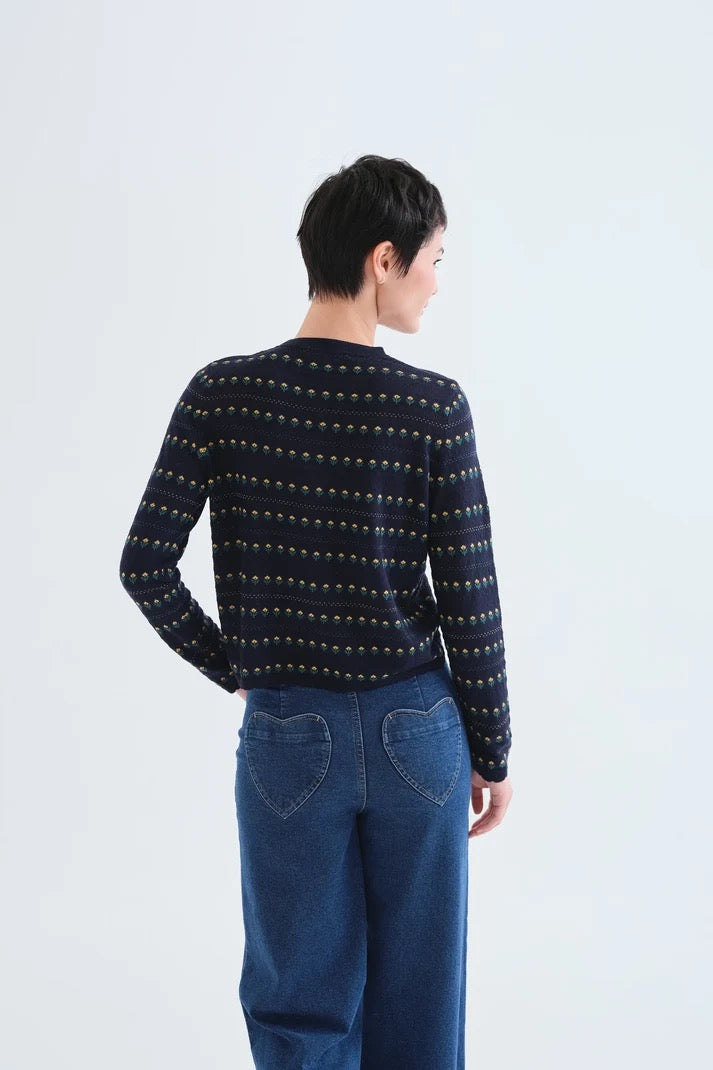 Navy Cardigan With Embroidered Flowers