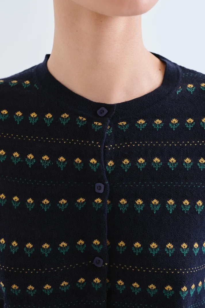 Navy Cardigan With Embroidered Flowers