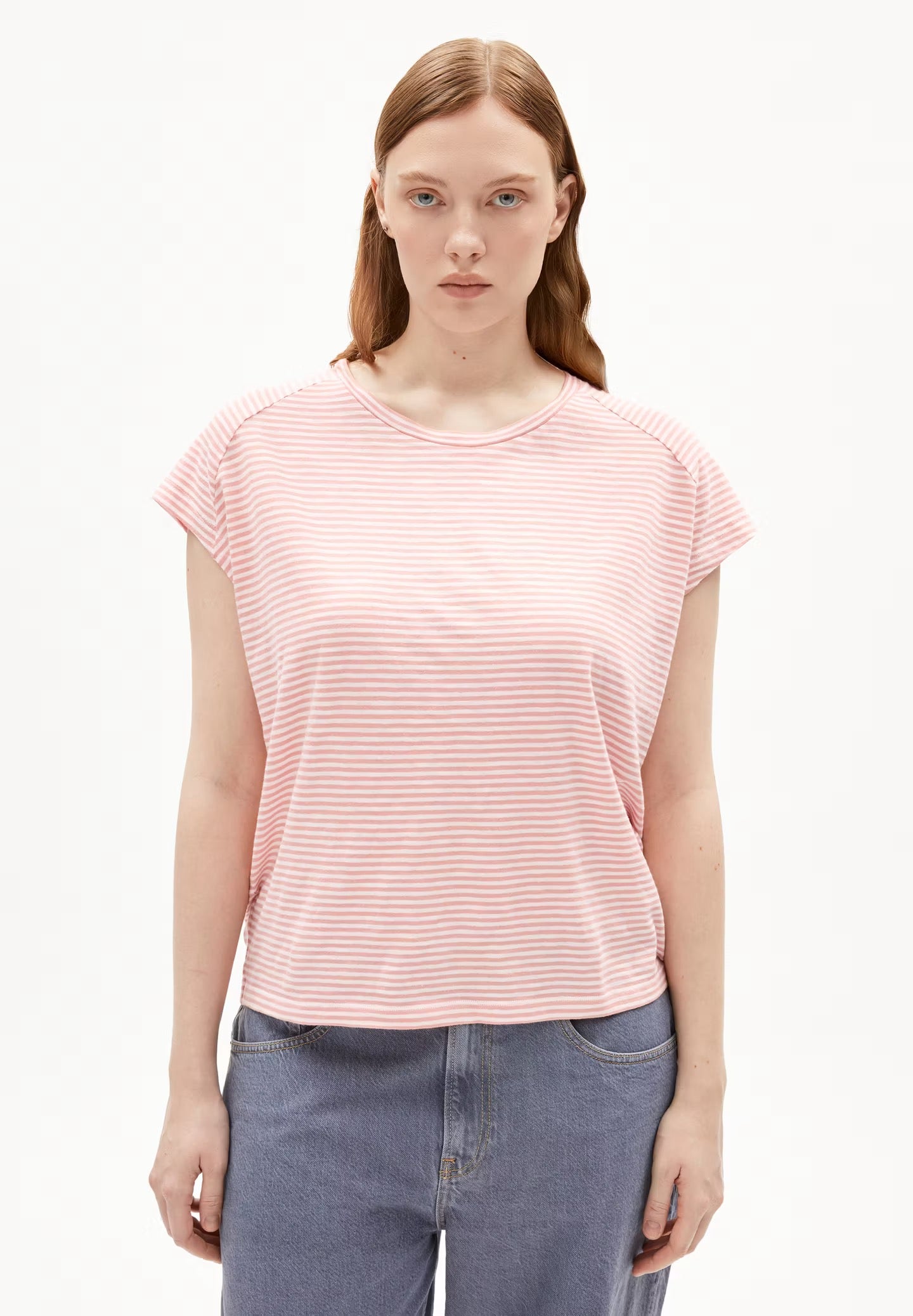 Oneliaa Lovely Stripes Organic Cotton T Shirt - Oatmilk/Deep Rosalilly