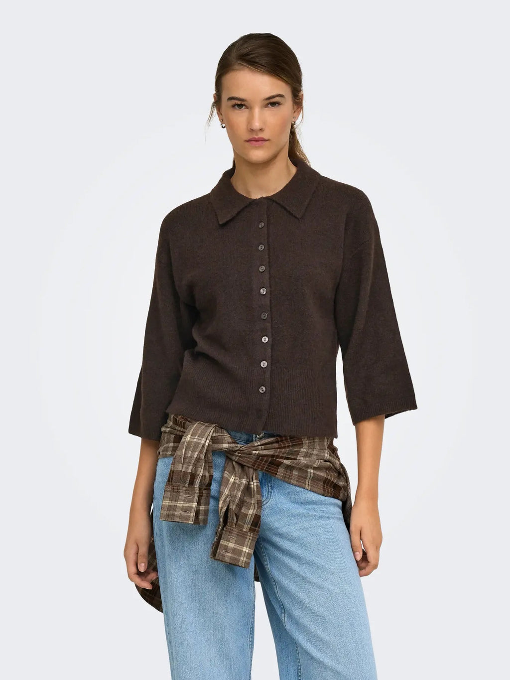 Macey 3/4 Polo Cardigan - Coffee Bean