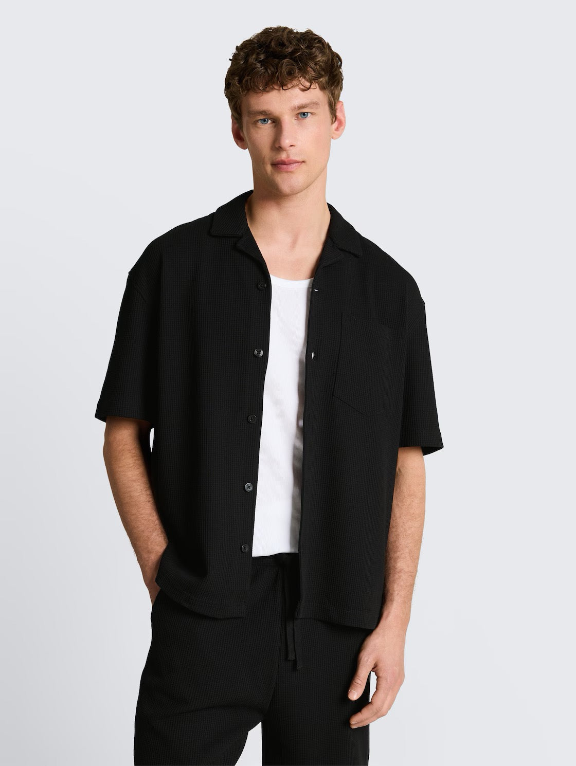 Relaxed Fit Waffle Shirt - Deep Black
