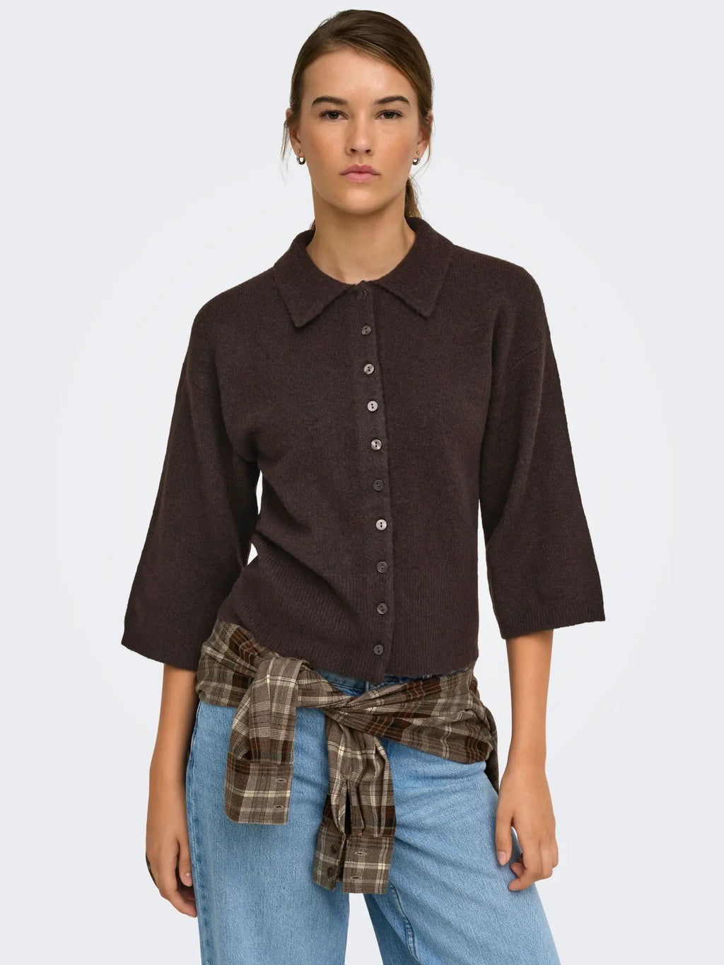 Macey 3/4 Polo Cardigan - Coffee Bean