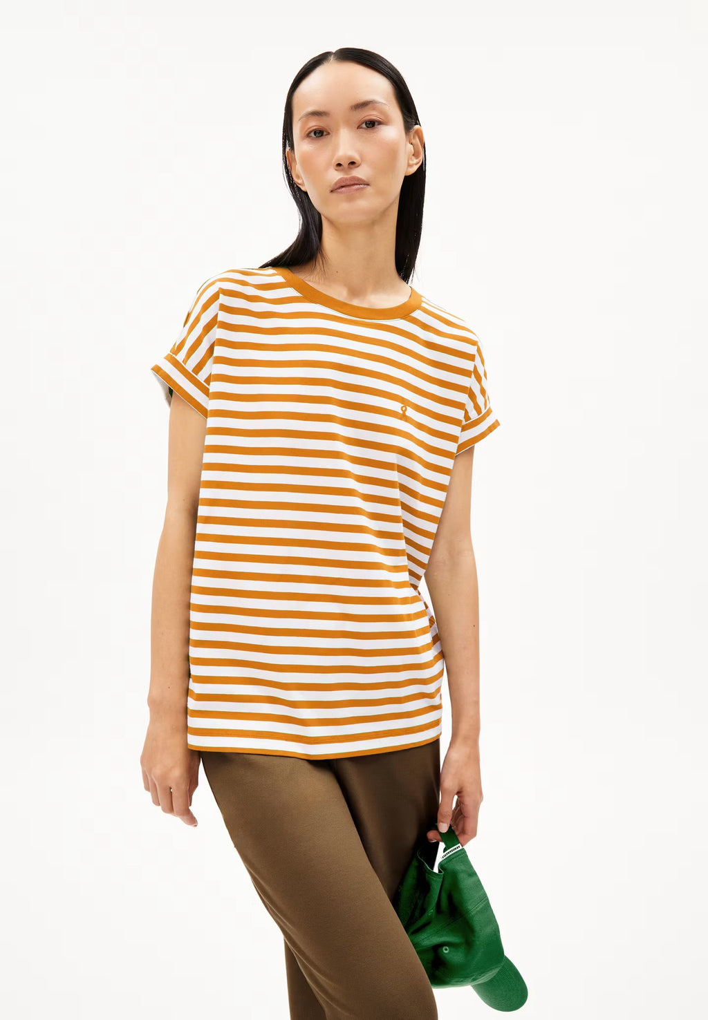 Idaara Stripes Organic Cotton T Shirt - White/Light Tangerine