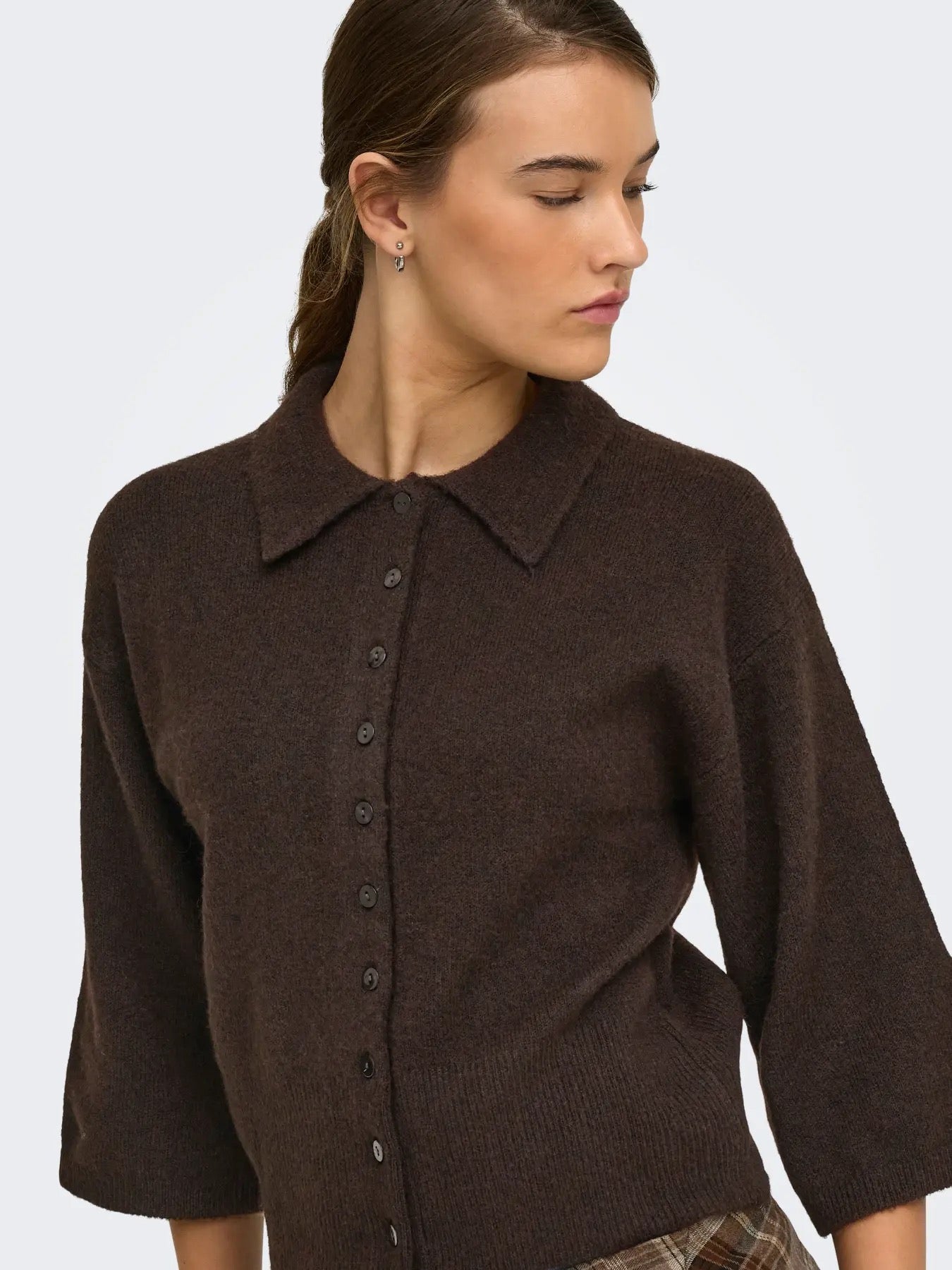 Macey 3/4 Polo Cardigan - Coffee Bean