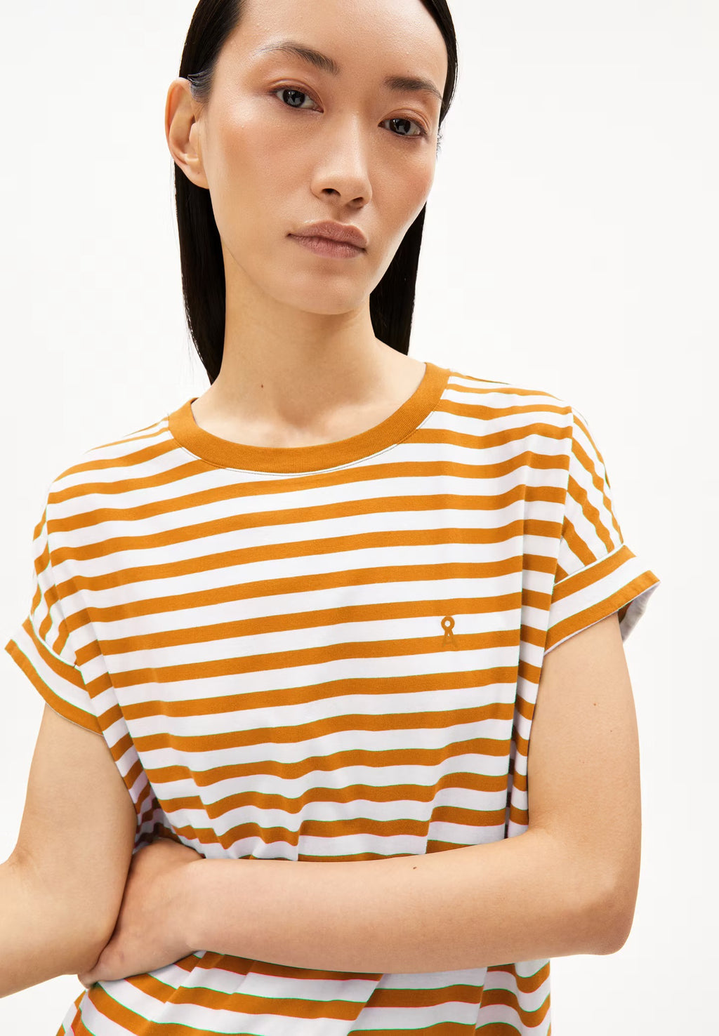 Idaara Stripes Organic Cotton T Shirt - White/Light Tangerine
