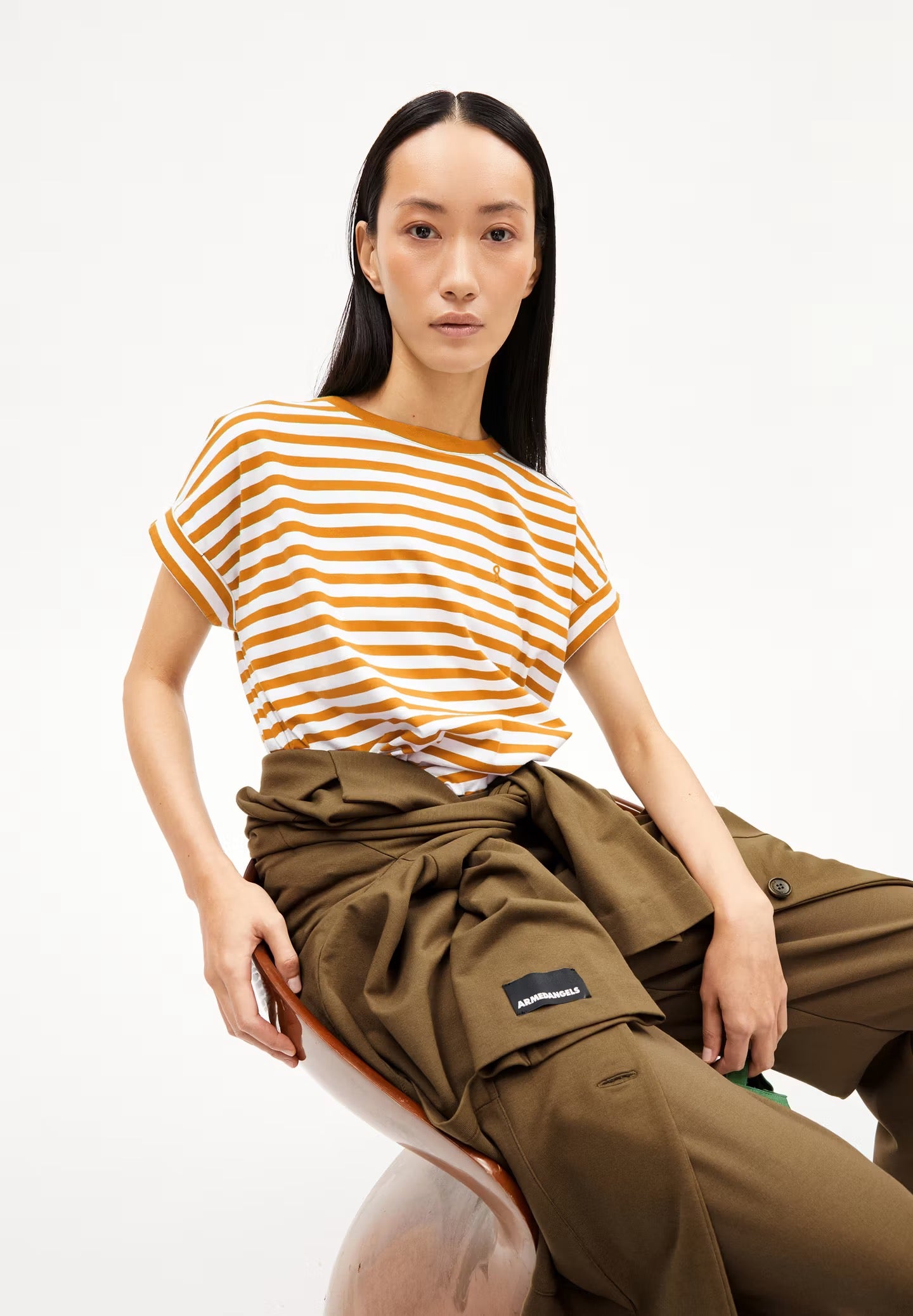 Idaara Stripes Organic Cotton T Shirt - White/Light Tangerine