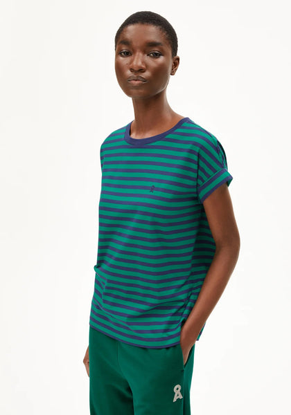 Idaara Stripes Organic Cotton T Shirt - Emerald Green/Blue Noon