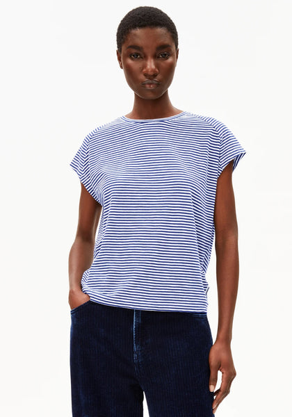 Oneliaa Lovely Stripes Organic Cotton T Shirt - Oatmilk/Blue Noon