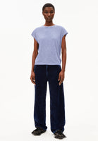 Oneliaa Lovely Stripes Organic Cotton T Shirt - Oatmilk/Blue Noon