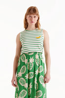 Green Striped Sleeveless Tee With Banana Embroidery