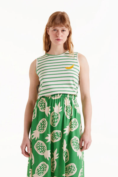 Green Striped Sleeveless Tee With Banana Embroidery
