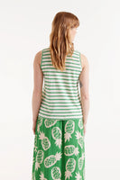 Green Striped Sleeveless Tee With Banana Embroidery
