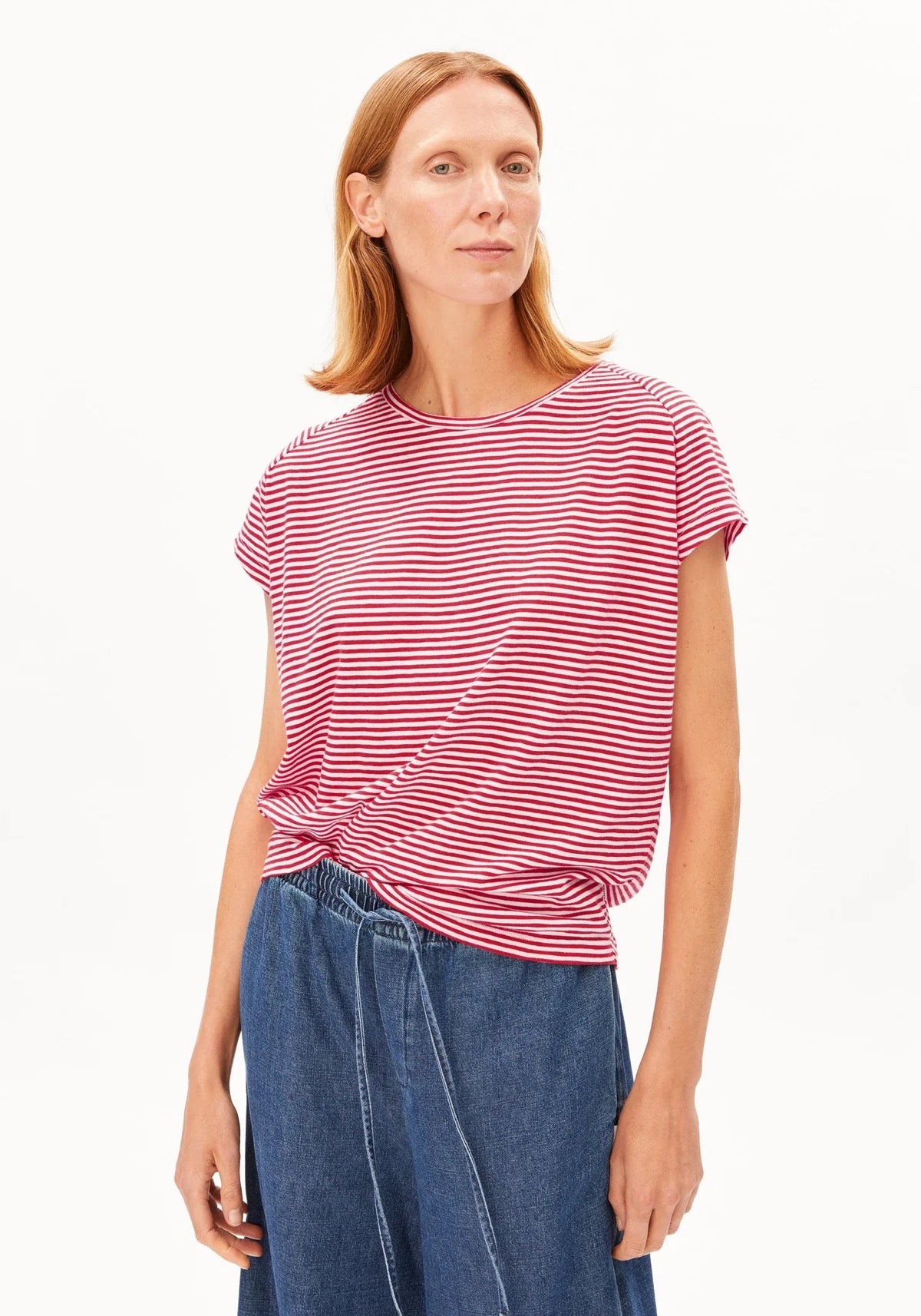 Slub Jersey Stripe T Shirt - Pink Mist/Mars Red