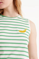 Green Striped Sleeveless Tee With Banana Embroidery