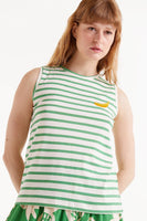 Green Striped Sleeveless Tee With Banana Embroidery