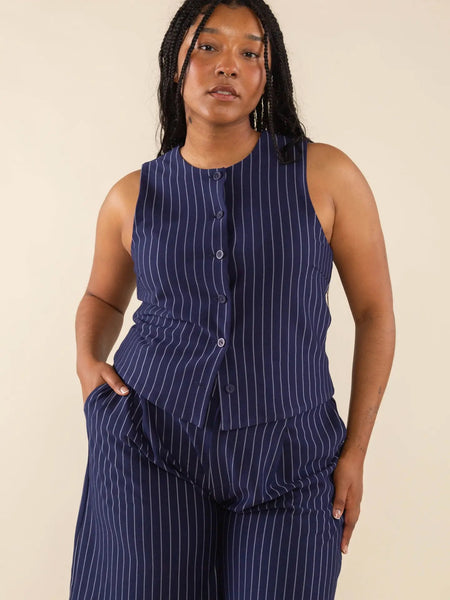Noah Pinstripe High Neck Vest - Navy