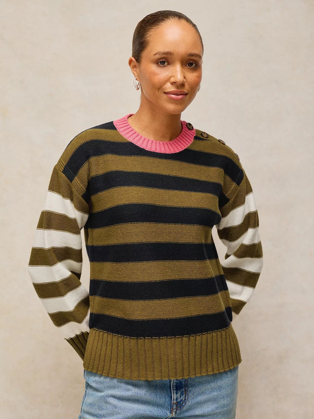 Bea Button Cotton Jumper - Green Multi