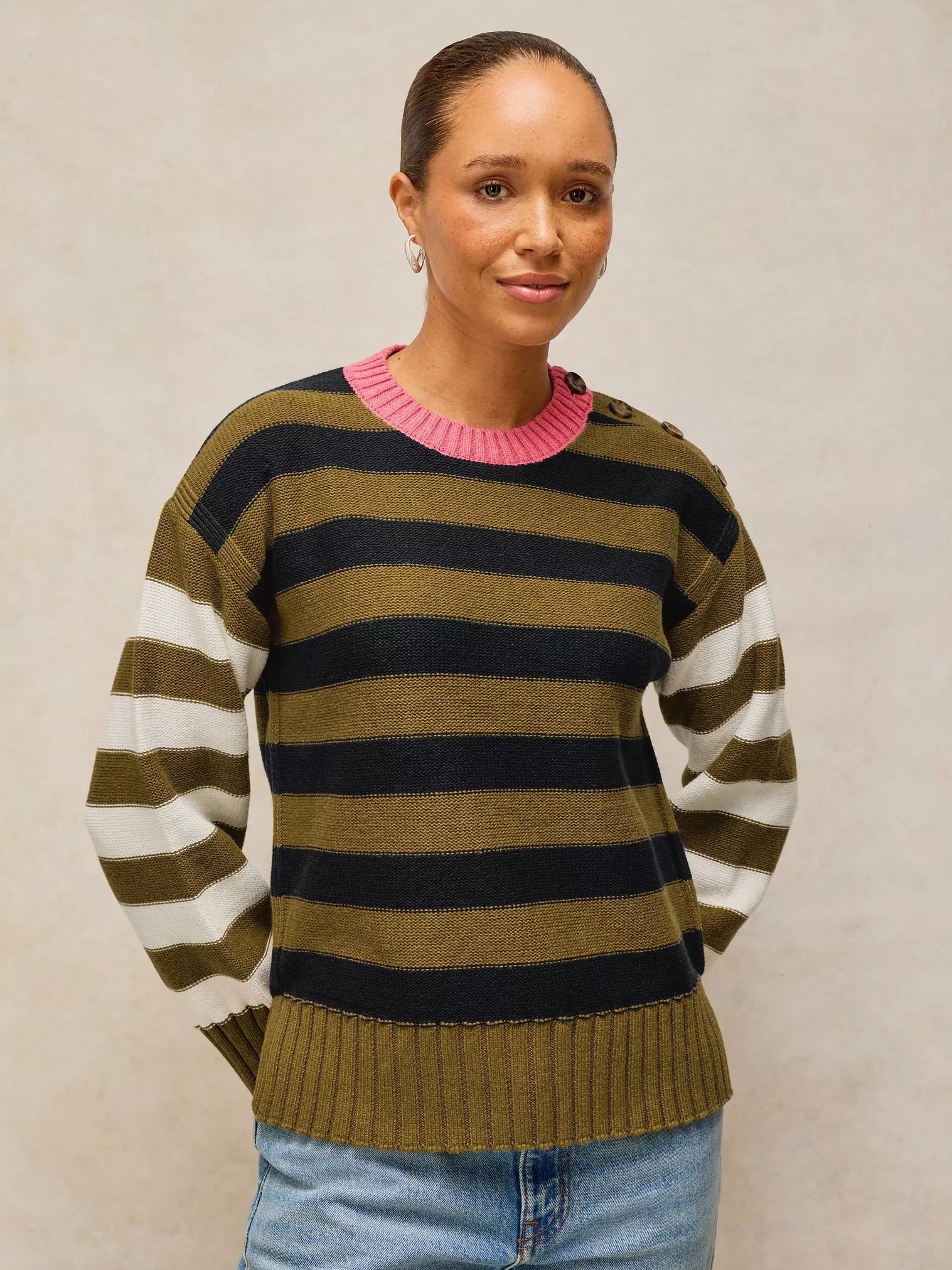 Bea Button Cotton Jumper - Green Multi