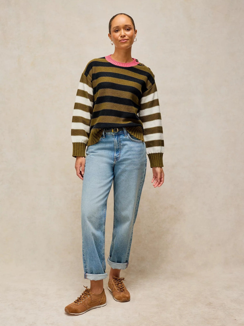 Bea Button Cotton Jumper - Green Multi