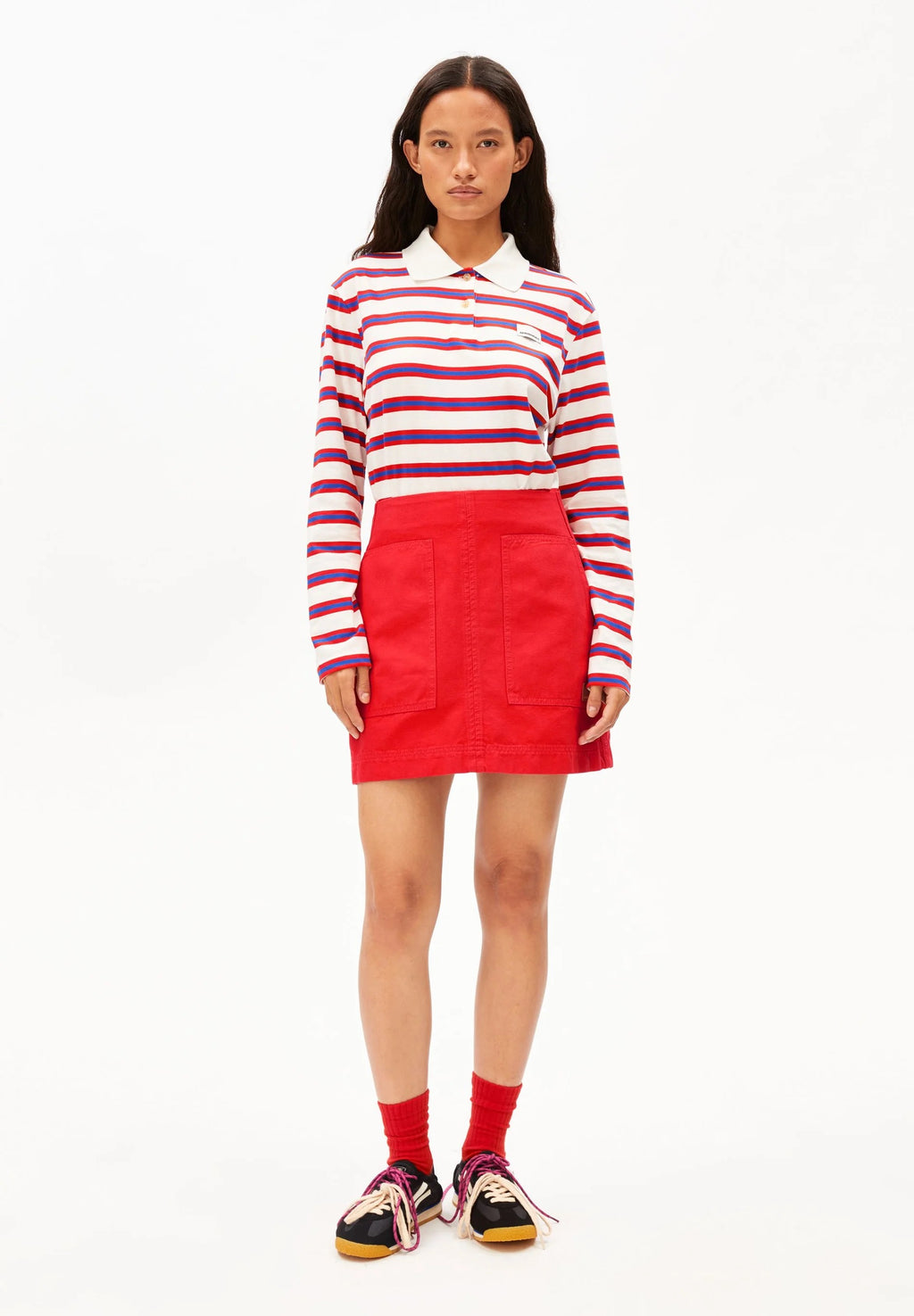 Stripe Polo Longsleeve - Light Oatmilk/Mars Red/Dynamo Blue