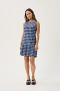 Mountains Hemp Seersucker Mini Dress - Navy/Red Check