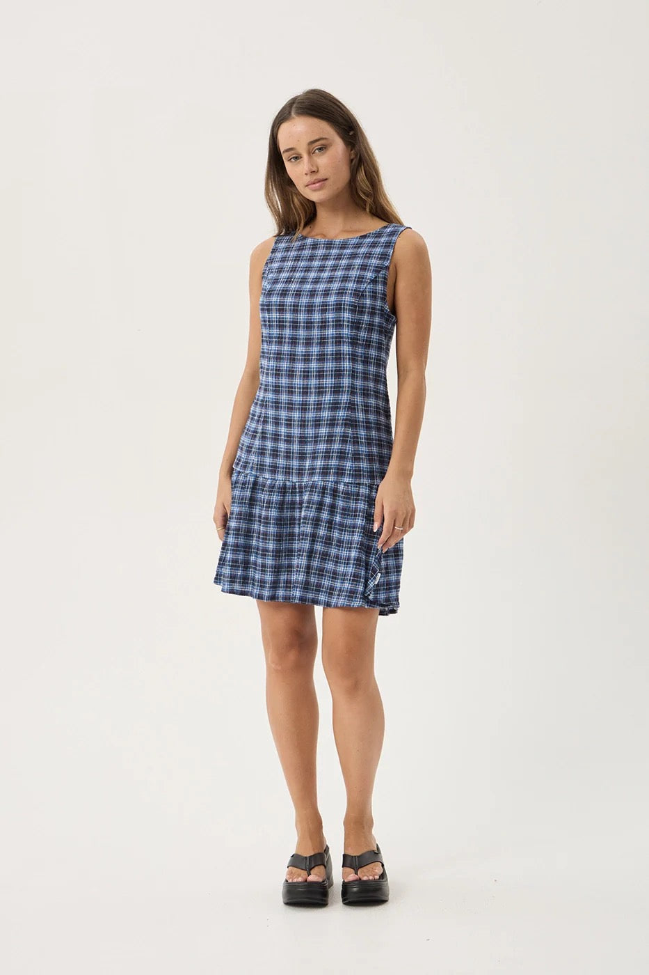 Mountains Hemp Seersucker Mini Dress - Navy/Red Check