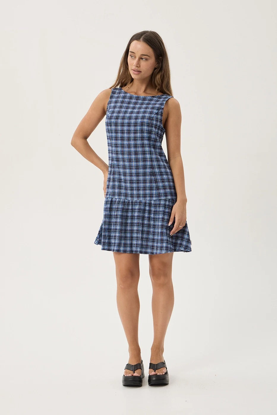 Mountains Hemp Seersucker Mini Dress - Navy/Red Check