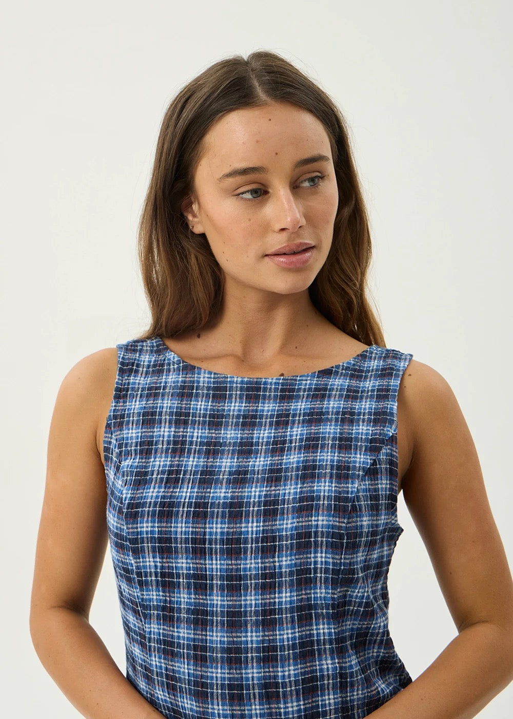 Mountains Hemp Seersucker Mini Dress - Navy/Red Check