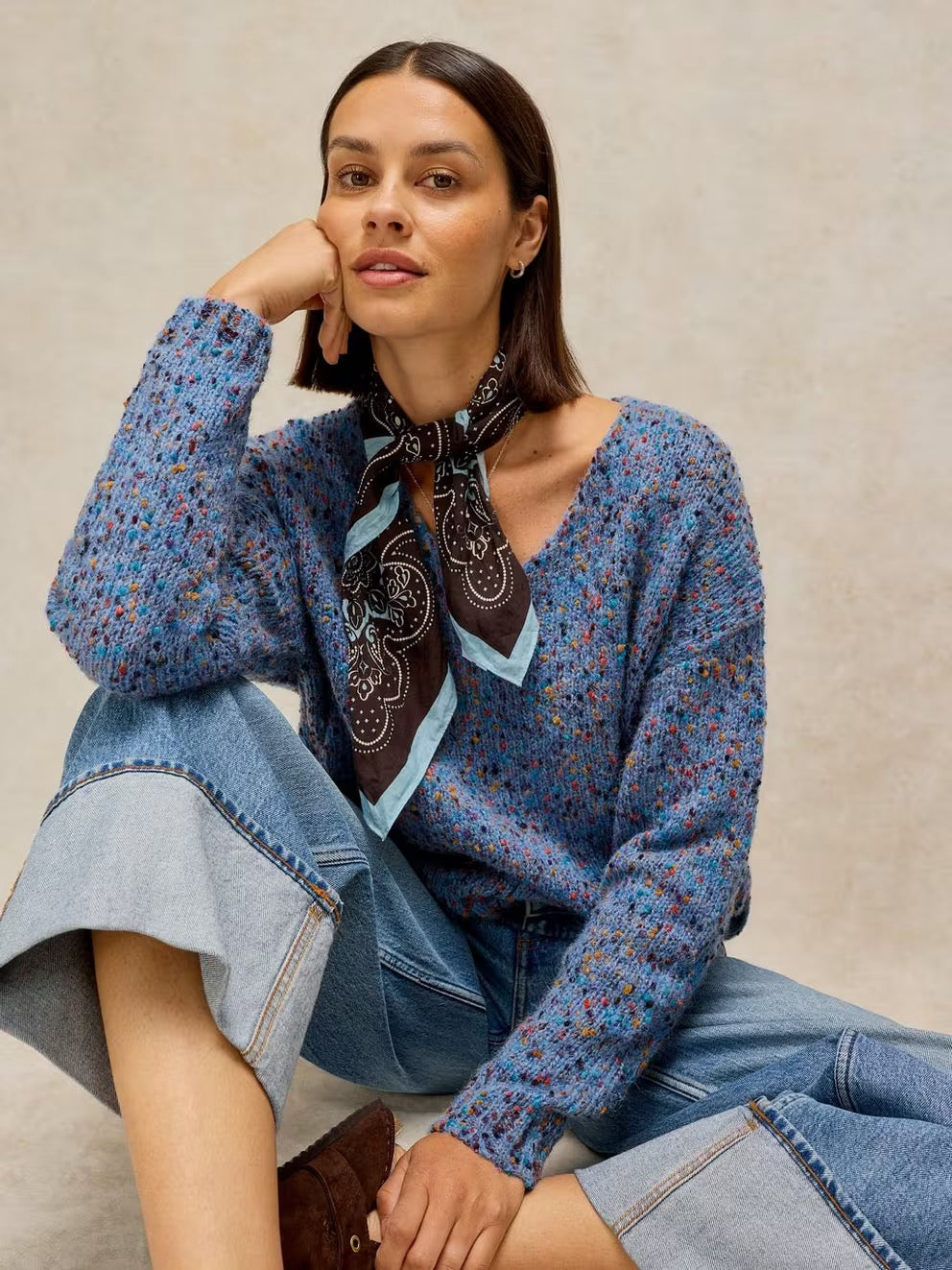Texture V Neck Jumper - Mid Blue