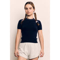 Contrast Short Sleeve Fine Yarn Sweater - Navy